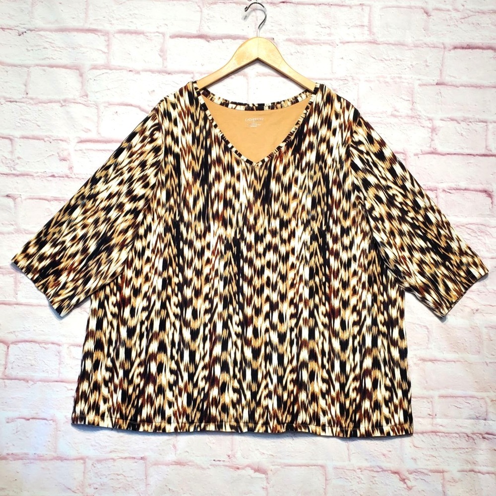 Catherines Shirt Womens Plus 2X Beige Ikat Print Stretch Casual Boho Chic Earthy